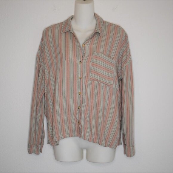 Oneill Sz S Davis Woven Long Sleeve Button Down Top Blouse Striped Boho Beachy - Picture 2 of 16